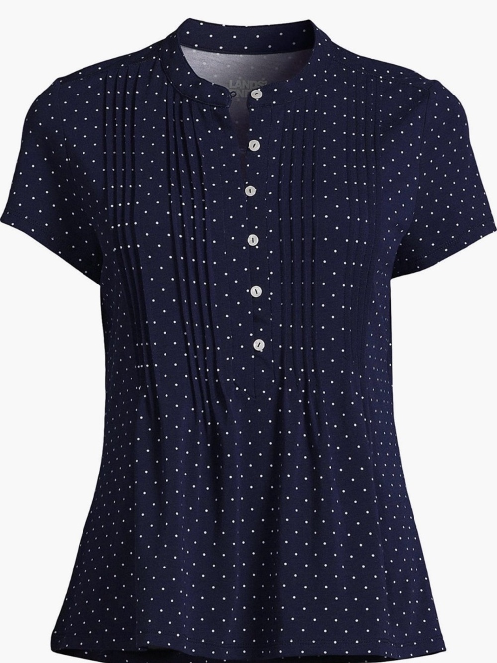 Lands' End Navy and White Pintuck Polka Dot Blouse size MP NEW